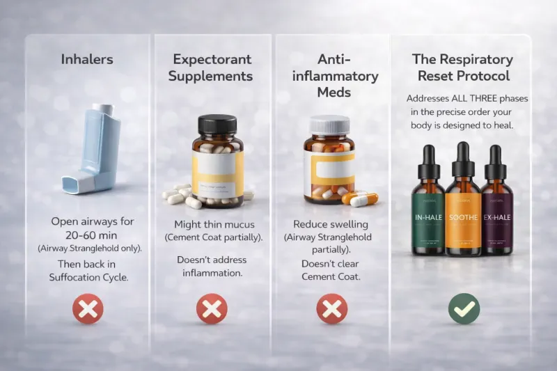 Compare: Prescription inhalers, pulmonary rehab, doing nothing vs The Respiratory Reset Protocol - For less than $1/day you get the complete system plus bonuses